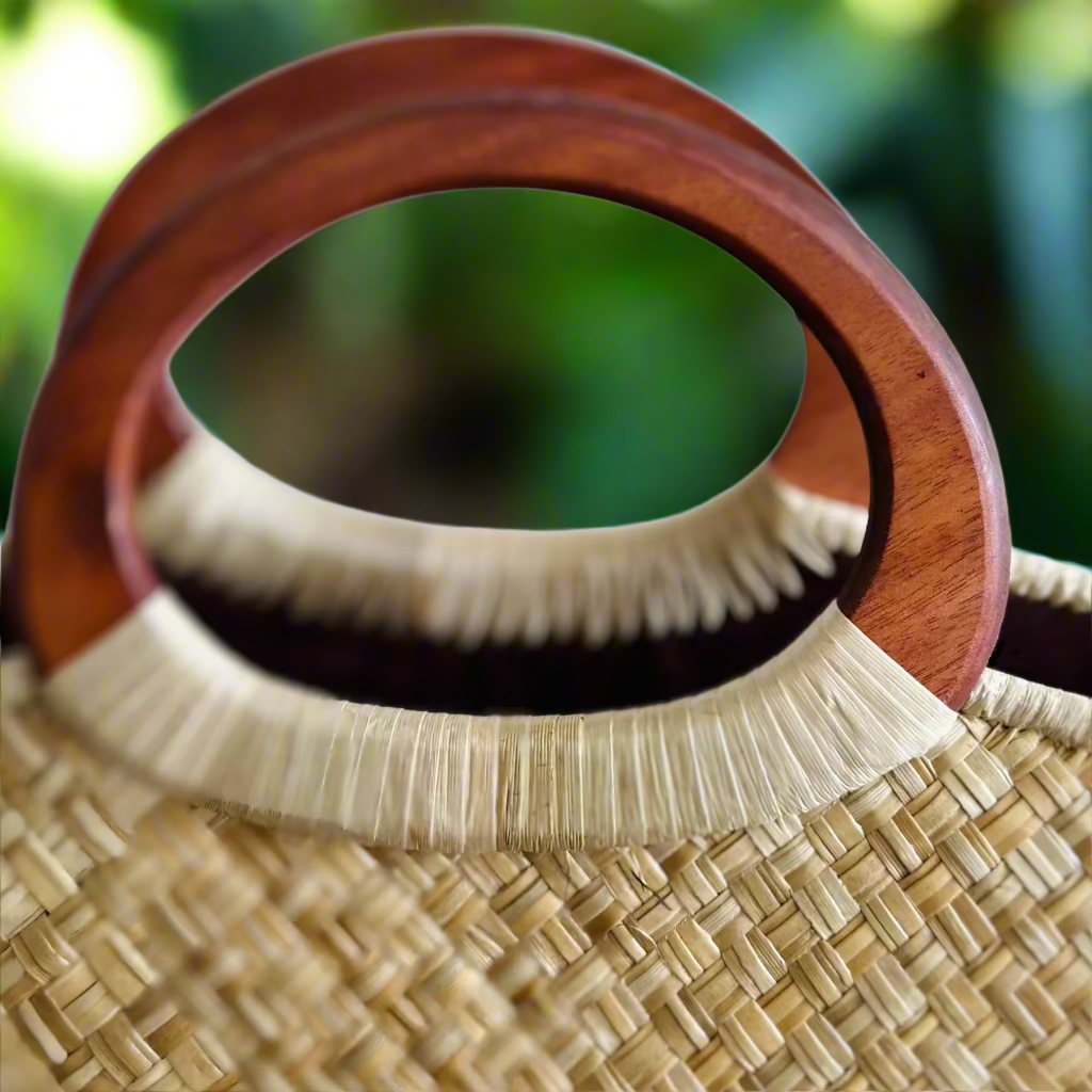 Close up of wooden handles - Kahala Natural Luxe Lauhala Purse