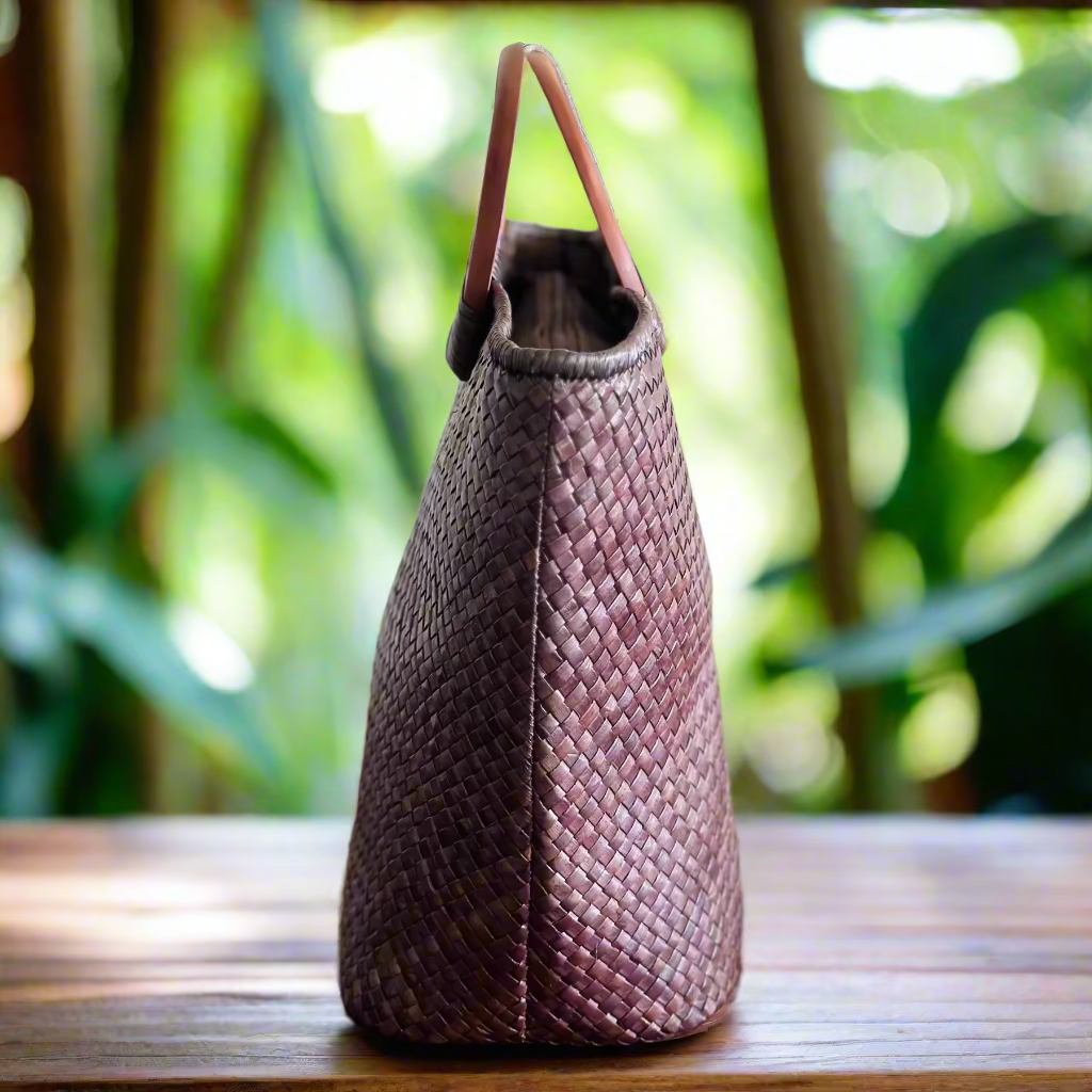 Side view - Manoa Cocoa Luxe Lauhala Tote Bag