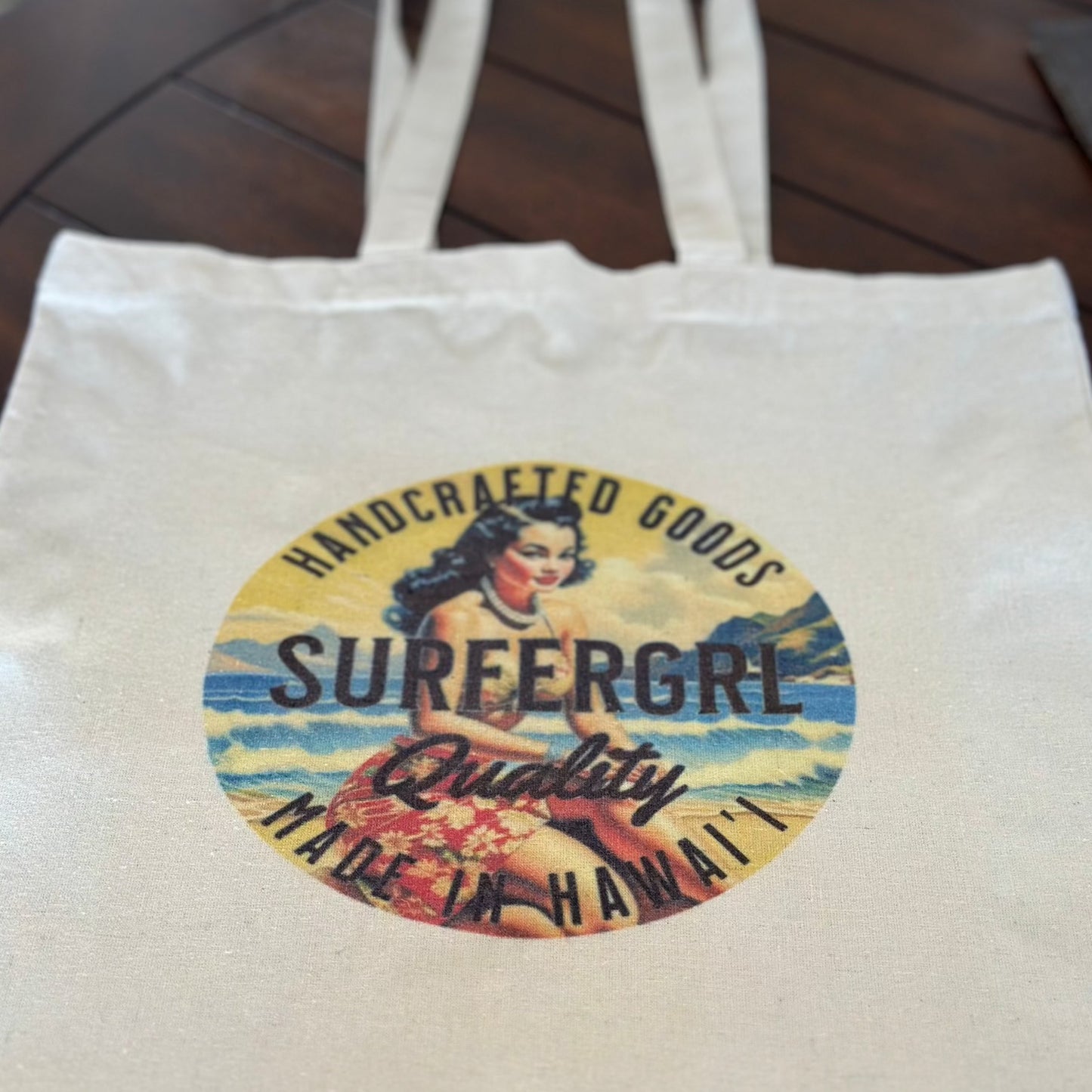 Close up of bag - Vintage Aloha Cotton Tote Bag Sunny Daze