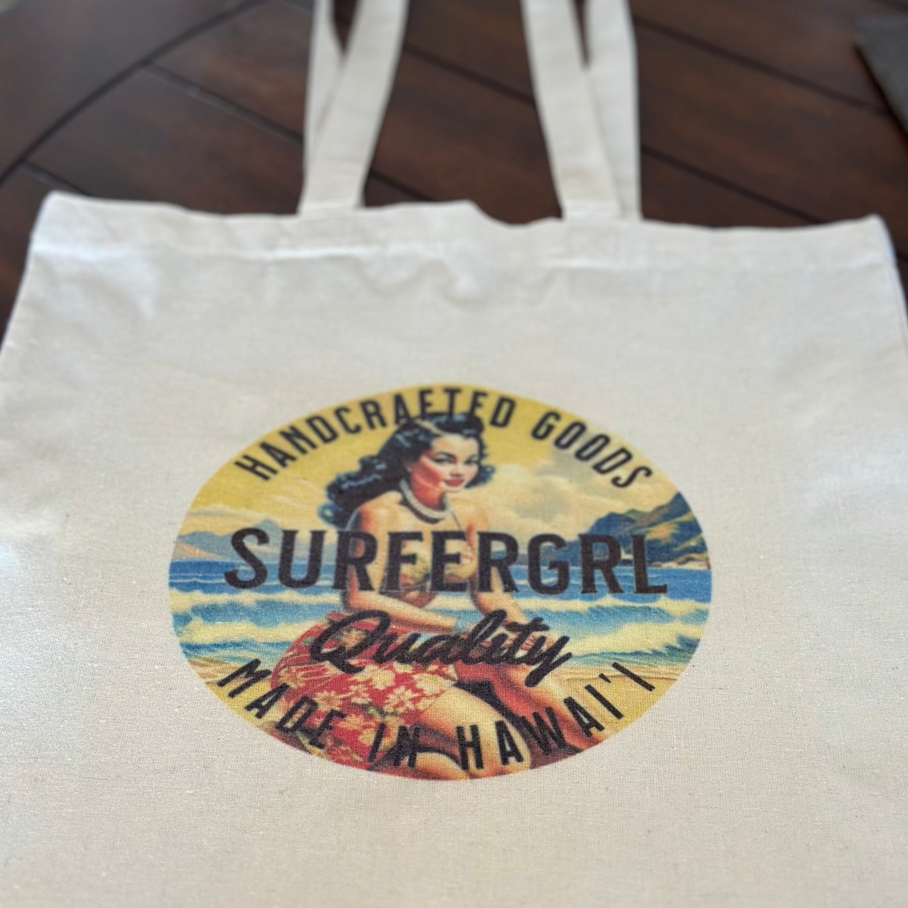 Close up of bag - Vintage Aloha Cotton Tote Bag Sunny Daze