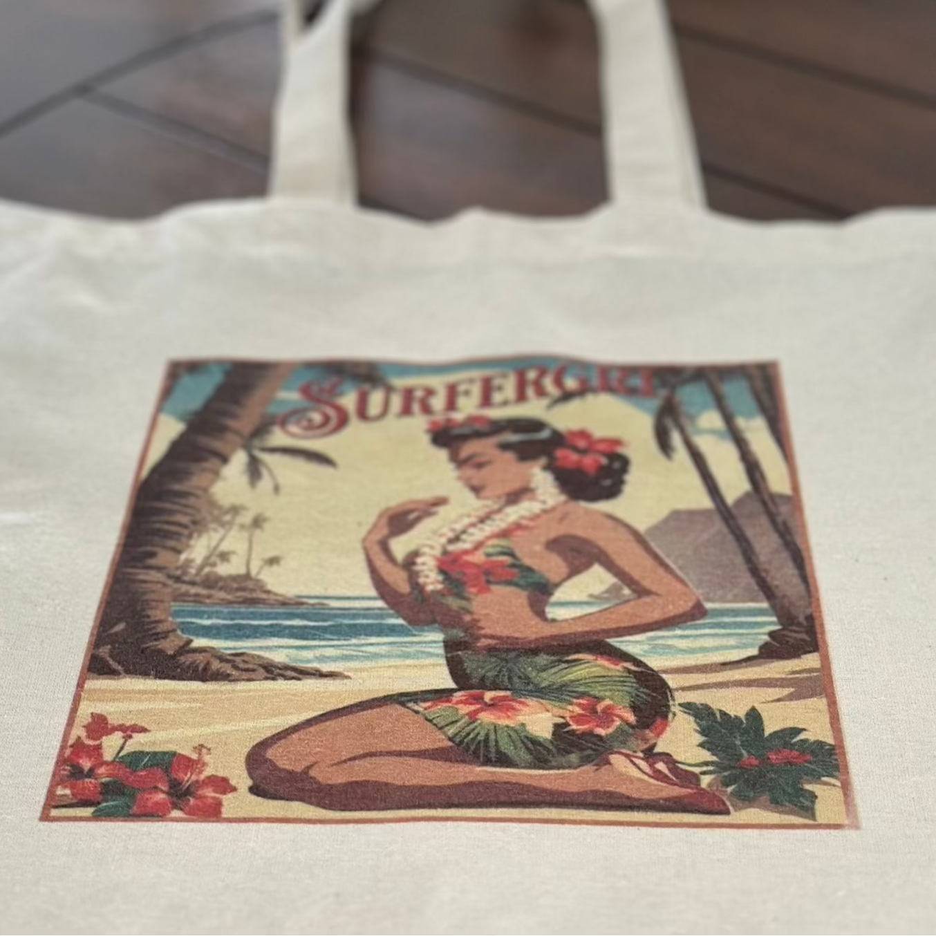 Close up of bag - Vintage Aloha Cotton Tote Bag : SurferGrl