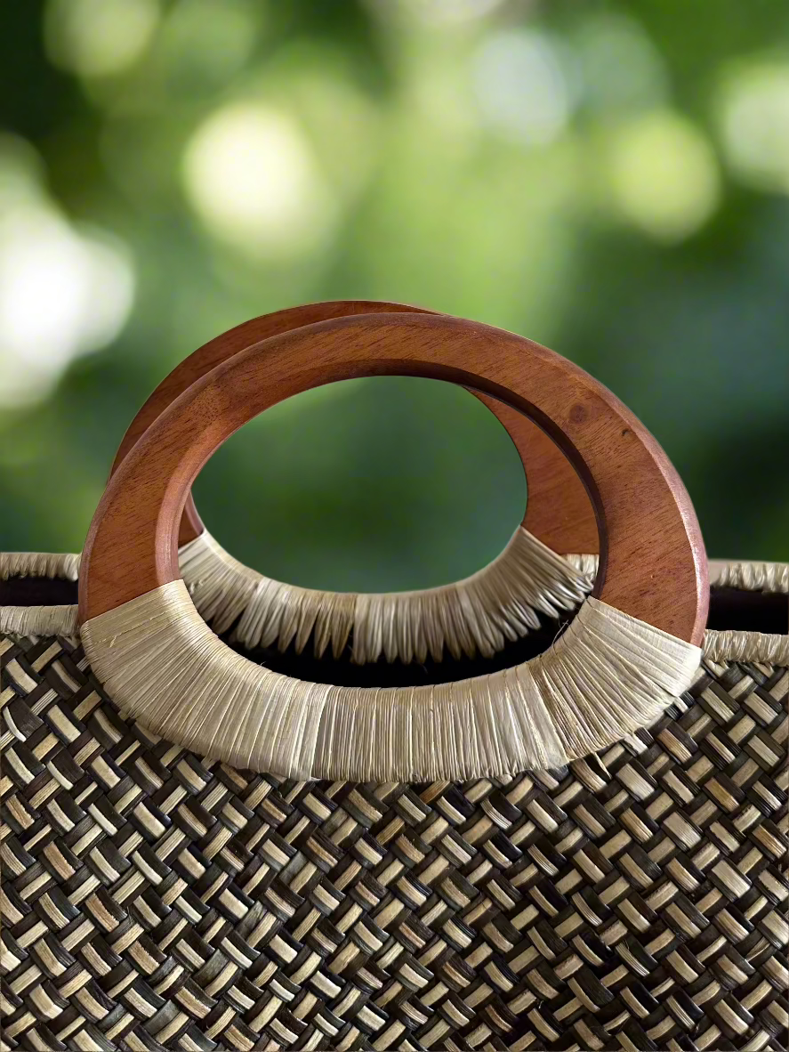 Manoa Paradise Luxe Lauhala Tote Bag closeup of handles