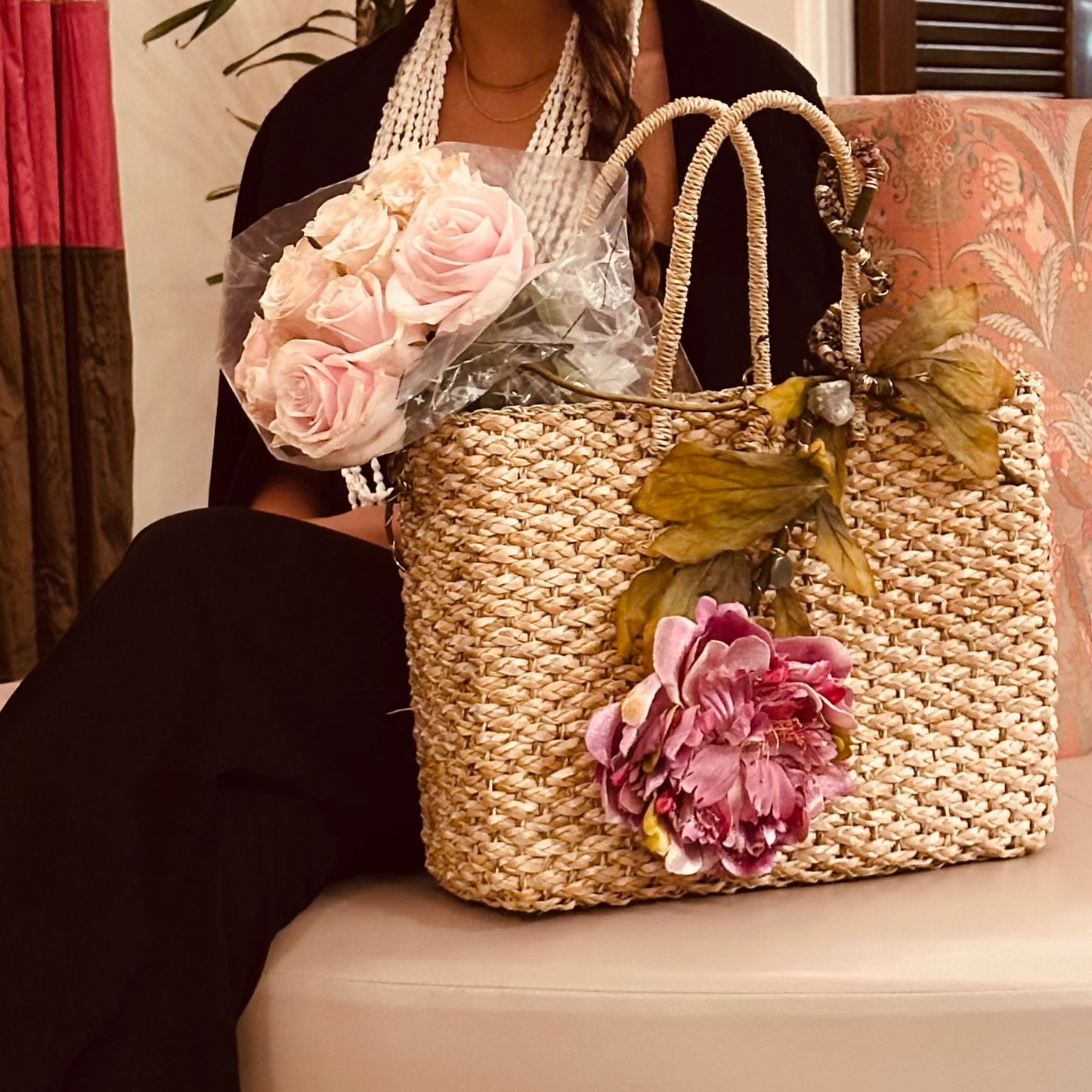 Le Jardin Sauvage Luxe Lauhala Statement Tote, French Market Beach Bag, Carry A Piece of Art